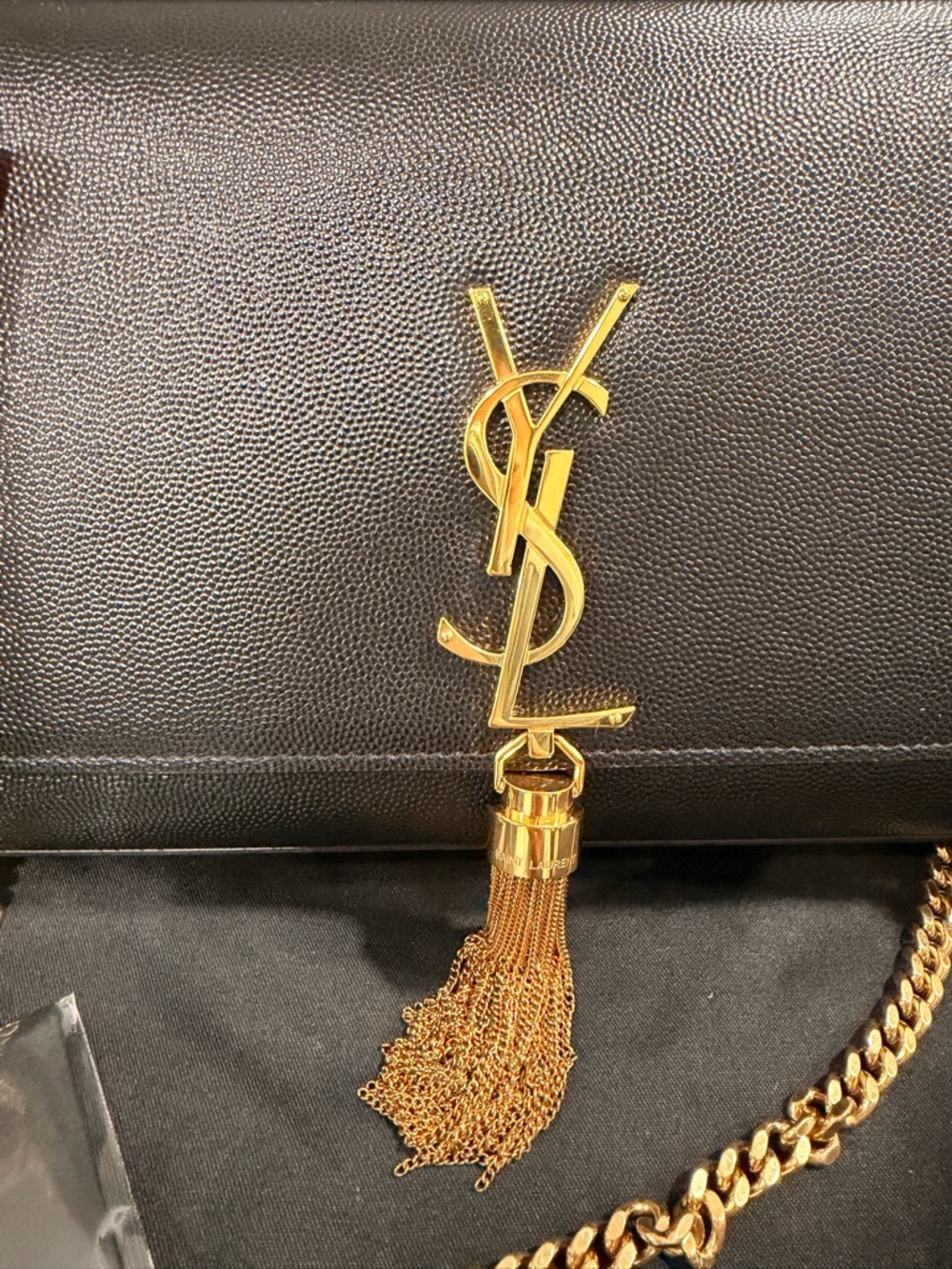 Saint Laurent Black Leather Monogram Crossbody with Gold Tassel Chain - Picture 3 of 8
